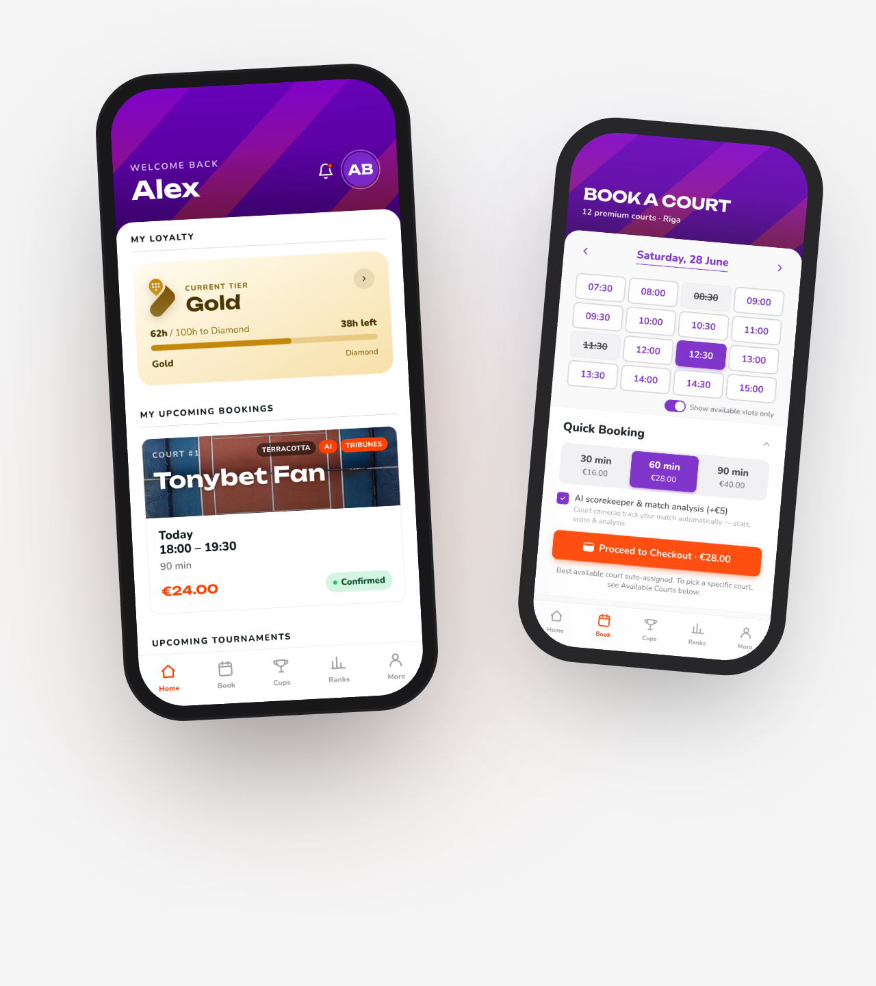 TonyBet Padel app — home and booking screens